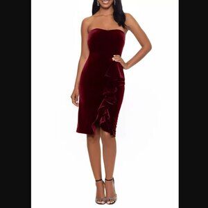 Betsy & Adam Side Ruffle Velvet Sheath Cocktail‎ Dress Burgundy 6